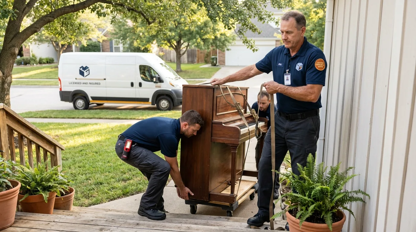 Licensed piano movers securing grand piano in Queen Anne, MD