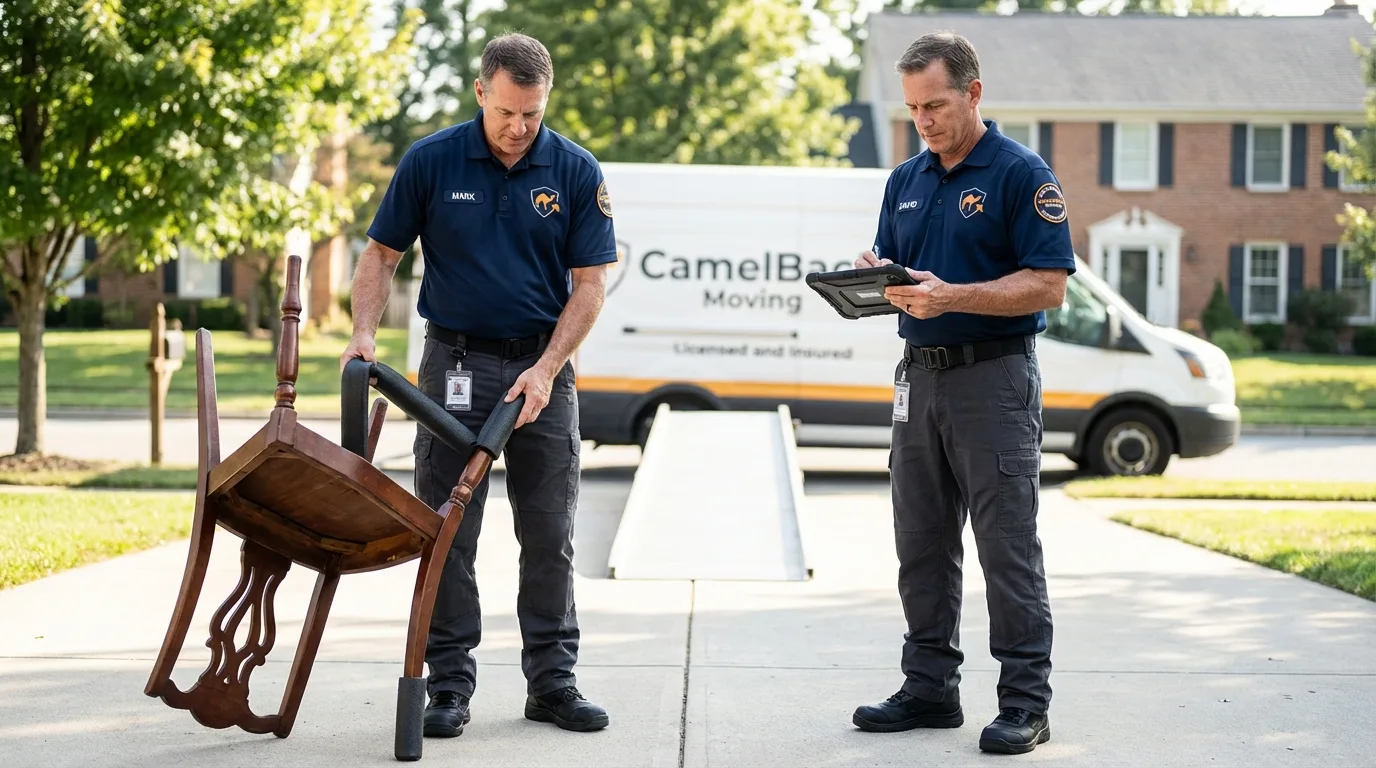 Movers inspecting furniture for damage prevention before loading in Queen Anne, MD
