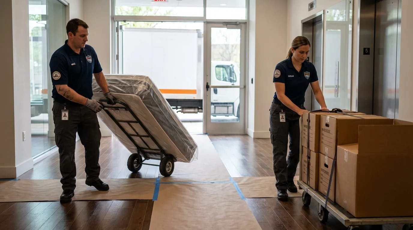 Professional apartment movers loading elevator in Queen Anne, MD